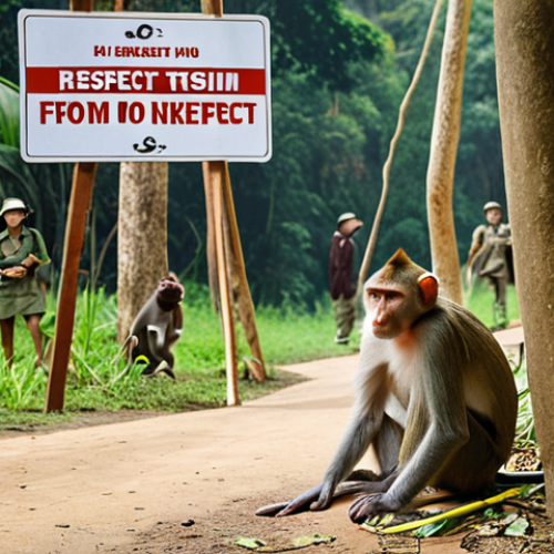 A serene image of a Vietnamese national park, featuring local flora and fauna. Focus on responsible tourism: A family observes a troop of monkeys from a respectful distance, refraining from feeding them. The scene emphasizes education about wildlife conservation, with a sign promoting the message "Respect Wildlife – Observe from a Distance." Soft, natural lighting and realistic detail.
