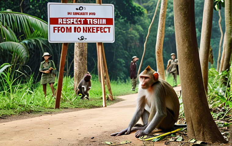 A serene image of a Vietnamese national park, featuring local flora and fauna. Focus on responsible tourism: A family observes a troop of monkeys from a respectful distance, refraining from feeding them. The scene emphasizes education about wildlife conservation, with a sign promoting the message "Respect Wildlife – Observe from a Distance." Soft, natural lighting and realistic detail.