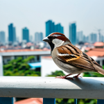 A common sparrow perched gracefully on a modern apartment balcony railing, with a blurred backdrop of a vibrant Vietnamese city skyline in bright daylight. The bird exhibits perfect natural anatomy and correct proportions in a natural pose, with well-formed feathers. professional photography, detailed, realistic, high quality, sharp focus, beautiful composition, safe for work, appropriate content, family-friendly.