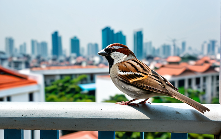 A common sparrow perched gracefully on a modern apartment balcony railing, with a blurred backdrop of a vibrant Vietnamese city skyline in bright daylight. The bird exhibits perfect natural anatomy and correct proportions in a natural pose, with well-formed feathers. professional photography, detailed, realistic, high quality, sharp focus, beautiful composition, safe for work, appropriate content, family-friendly.