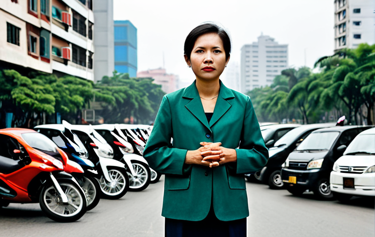 **Urban Challenges in Vietnam**: A professional Vietnamese urban dweller, fully clothed in modest business attire, stands contemplatively on a bustling street in a dense metropolis like Ho Chi Minh City or Hanoi during peak hour. The background features towering concrete buildings and a heavy flow of motorcycles and cars, with very limited green spaces, conveying the urban sprawl and challenges. The atmosphere has a slight, subtle haze, suggesting air quality concerns. The scene is captured in a realistic, documentary photography style, with muted colors.
* **Mandatory Inclusions**: safe for work, appropriate content, fully clothed, professional.
* **Anatomy/Quality**: perfect anatomy, correct proportions, natural pose, well-formed hands, proper finger count, natural body proportions, professional photography, high quality.