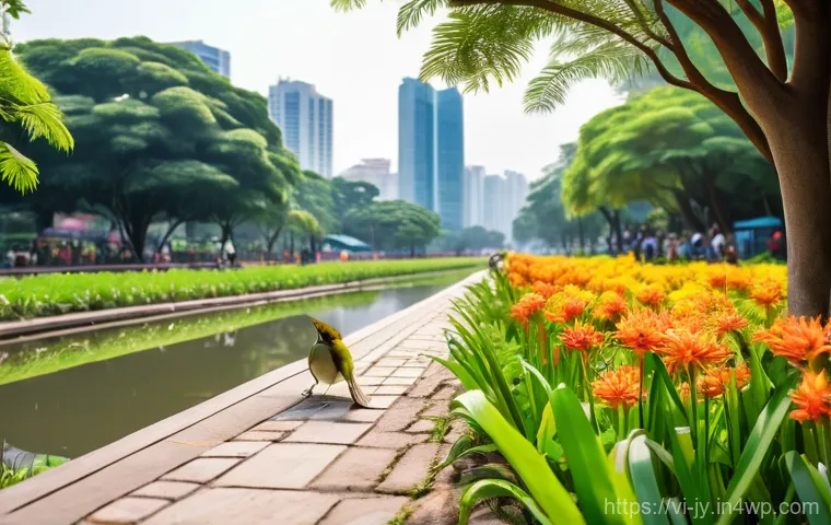도시에서의 야생 동물과의 조화로운 공존 - Image Prompt 1: Urban Wildlife Discovery in a Vietnamese Park**