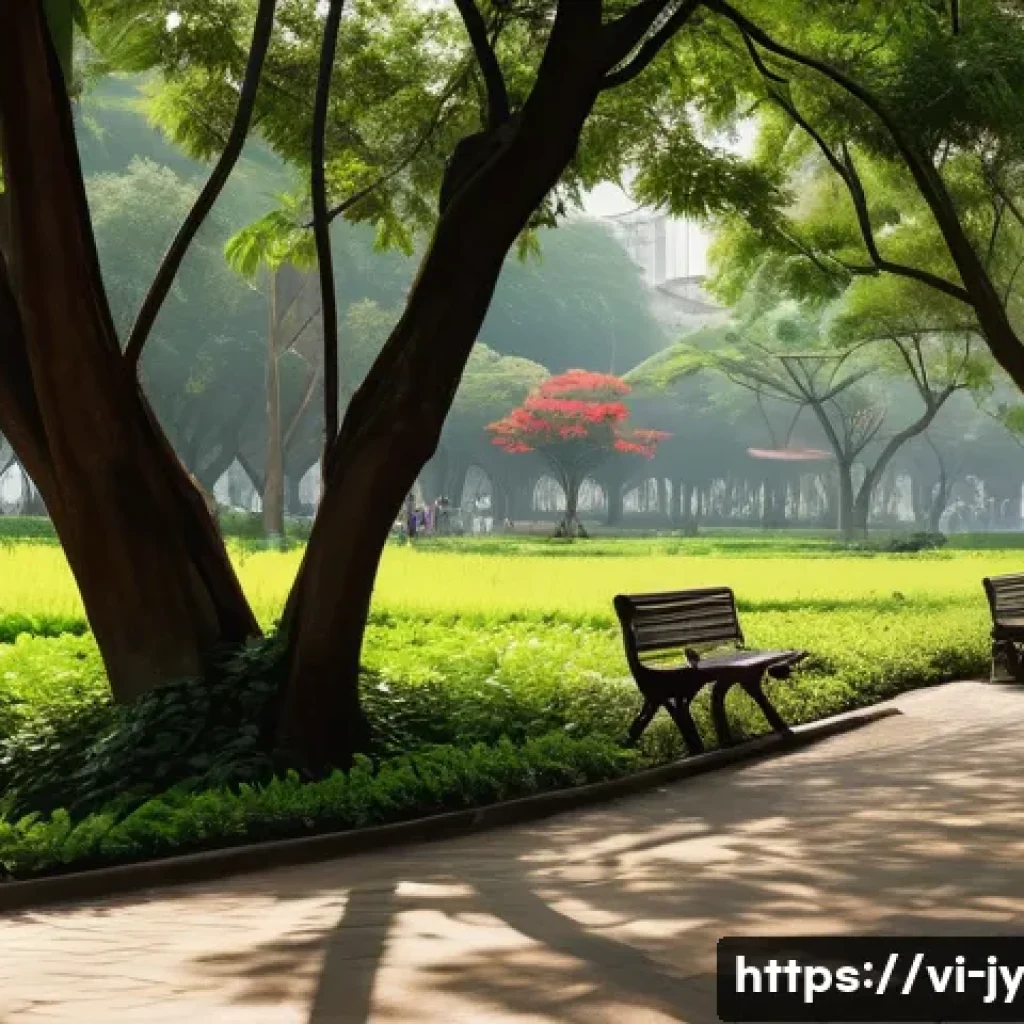도시에서의 야생동물의 서식지 복원 방법 - A vibrant urban park scene in Hanoi featuring diverse native trees and plants, with colorful birds p...