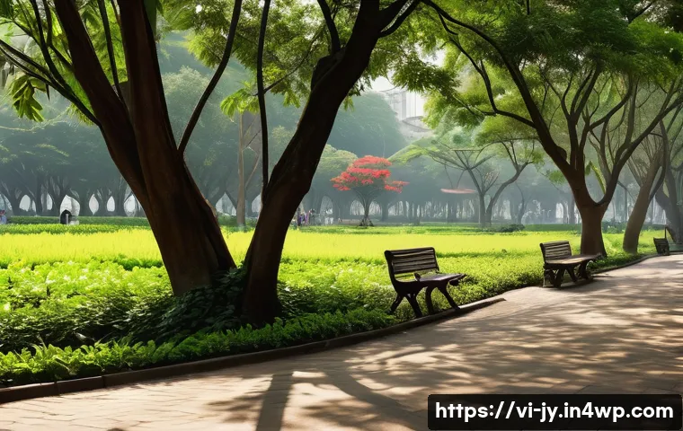 도시에서의 야생동물의 서식지 복원 방법 - A vibrant urban park scene in Hanoi featuring diverse native trees and plants, with colorful birds p...