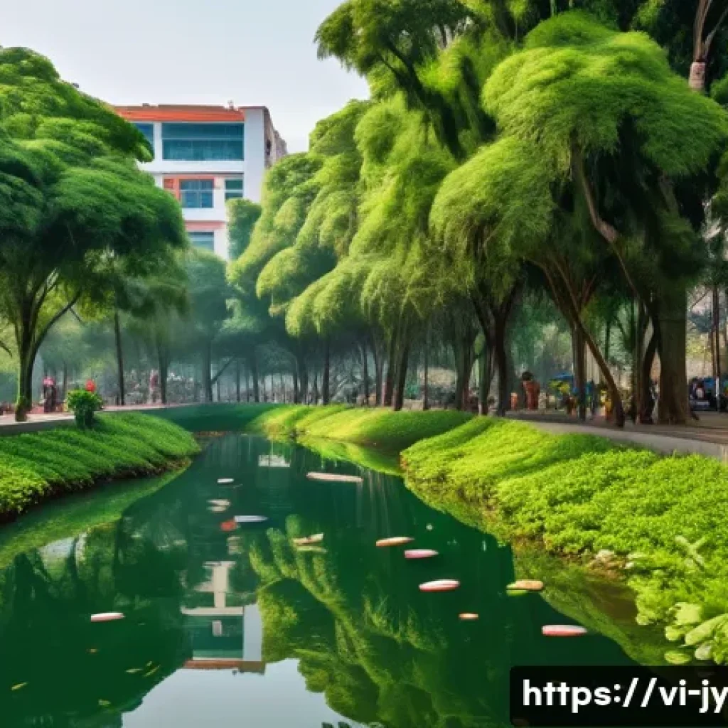 도시 생태계의 중요성과 이해 - A vibrant urban park scene in Hanoi, Vietnam, showcasing lush native trees and green spaces around m...