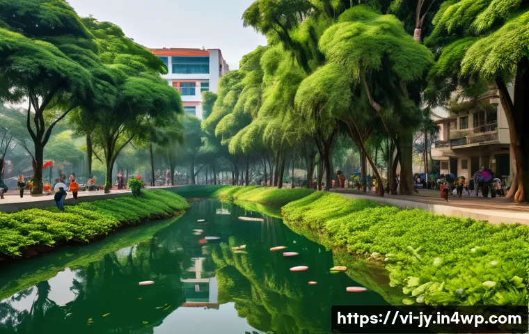 도시 생태계의 중요성과 이해 - A vibrant urban park scene in Hanoi, Vietnam, showcasing lush native trees and green spaces around m...