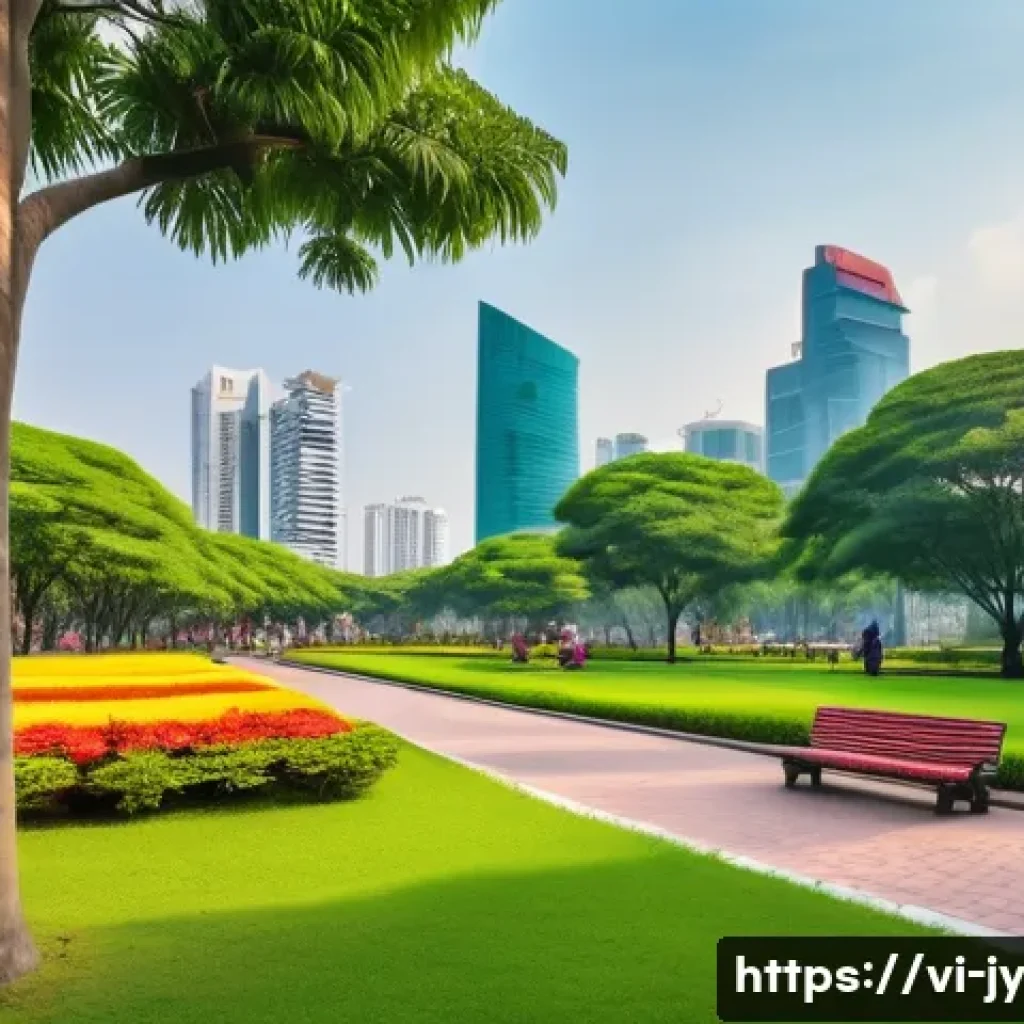 도시 생태계 보호를 위한 정책적 접근 방법 - A vibrant urban park in Ho Chi Minh City during a sunny day, featuring lush green trees, families st...