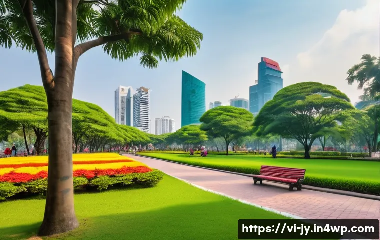 도시 생태계 보호를 위한 정책적 접근 방법 - A vibrant urban park in Ho Chi Minh City during a sunny day, featuring lush green trees, families st...