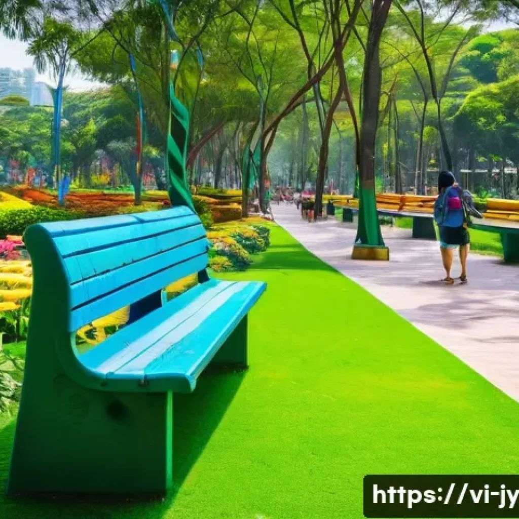도시 내 야생동물 생존을 위한 생태적 디자인 - A vibrant urban park in Ho Chi Minh City during daytime, featuring lush green trees, colorful flower...