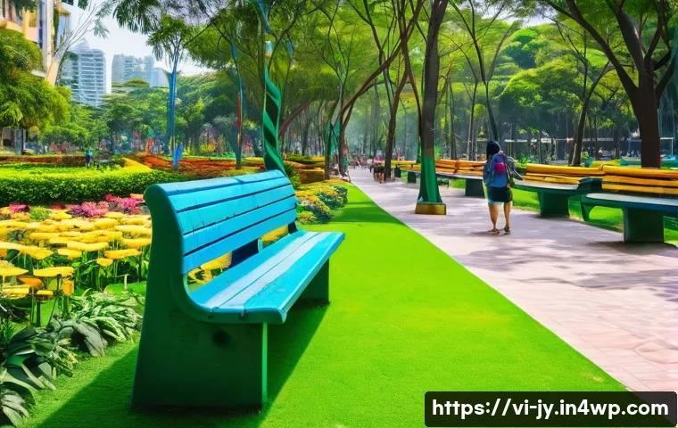도시 내 야생동물 생존을 위한 생태적 디자인 - A vibrant urban park in Ho Chi Minh City during daytime, featuring lush green trees, colorful flower...