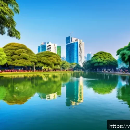 Home 33 도시 생태 탐방과 야생동물 교육의 연계 - A vibrant urban green park in Ho Chi Minh City featuring lush trees, colorful flower beds, and a cle...