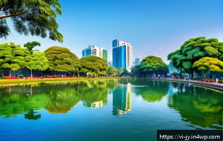 도시 생태 탐방과 야생동물 교육의 연계 - A vibrant urban green park in Ho Chi Minh City featuring lush trees, colorful flower beds, and a cle...