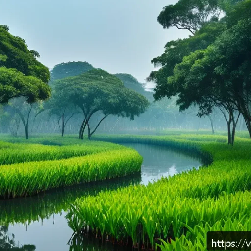 도시에서의 자연 보호구역 운영 - A vast urban wetland park in Hanoi during early morning light, featuring dense mangrove forests and ...