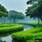 Home 20 도시에서의 자연 보호구역 운영 - A vast urban wetland park in Hanoi during early morning light, featuring dense mangrove forests and ...