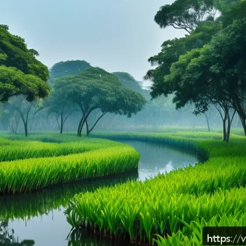 Home 32 도시에서의 자연 보호구역 운영 - A vast urban wetland park in Hanoi during early morning light, featuring dense mangrove forests and ...