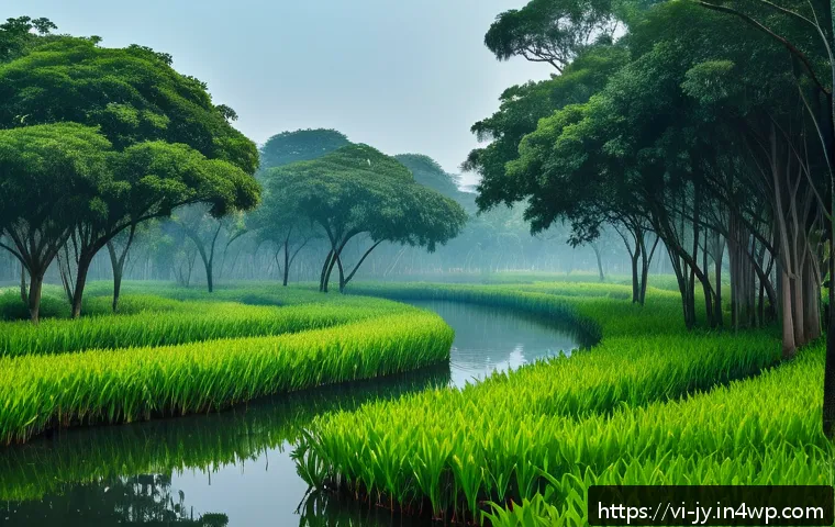 도시에서의 자연 보호구역 운영 - A vast urban wetland park in Hanoi during early morning light, featuring dense mangrove forests and ...