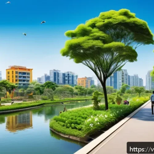 Home 31 도시에서의 야생동물 보호를 위한 펀드 - A vibrant urban green corridor scene in a modern Vietnamese city, showcasing a lush park with native...
