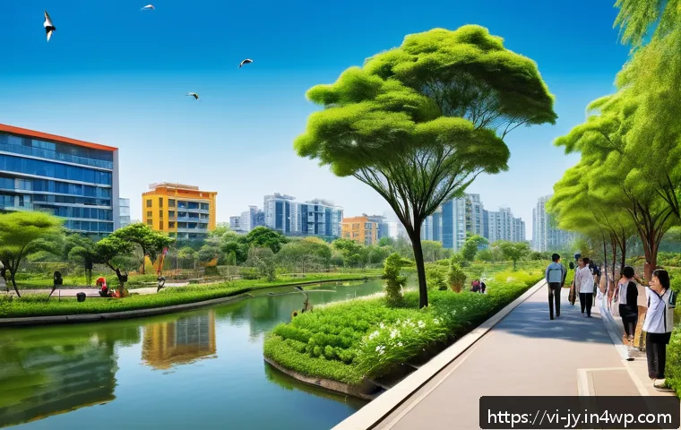 도시에서의 야생동물 보호를 위한 펀드 - A vibrant urban green corridor scene in a modern Vietnamese city, showcasing a lush park with native...