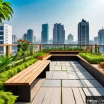 Home 18 도시 생태계의 건강을 위한 조치 - A modern urban rooftop garden in Hanoi, featuring lush green plants and small trees integrated into ...