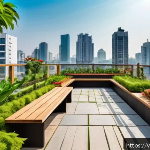 Home 30 도시 생태계의 건강을 위한 조치 - A modern urban rooftop garden in Hanoi, featuring lush green plants and small trees integrated into ...