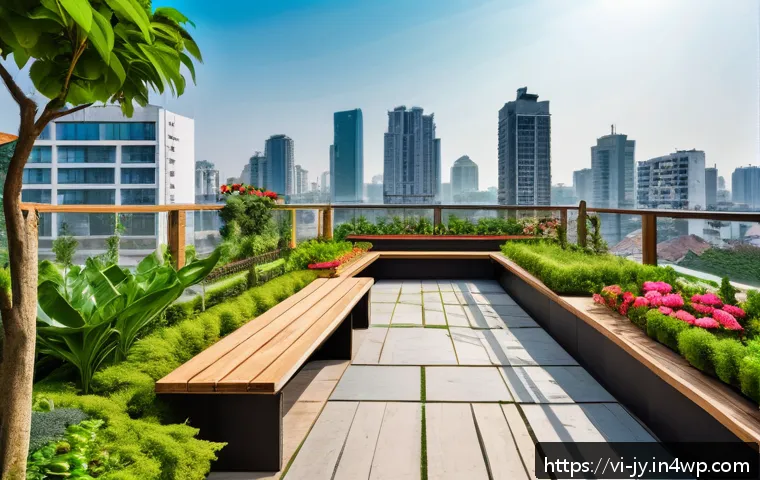 도시 생태계의 건강을 위한 조치 - A modern urban rooftop garden in Hanoi, featuring lush green plants and small trees integrated into ...