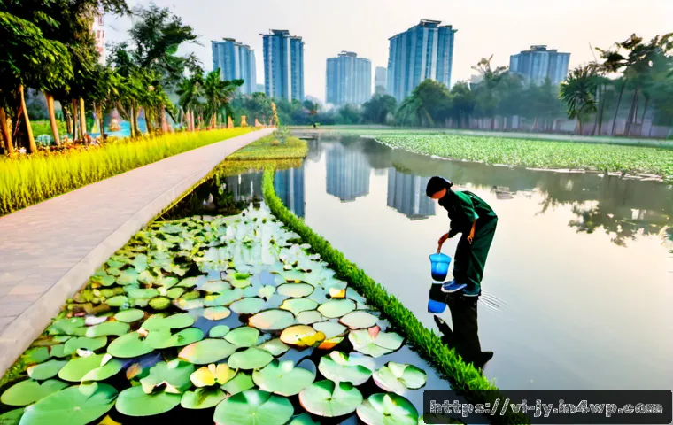 도시 생태계의 건강 지표와 관리 - Photorealistic urban ecosystem health monitoring scene in a modern Vietnamese city park at sunrise, ...