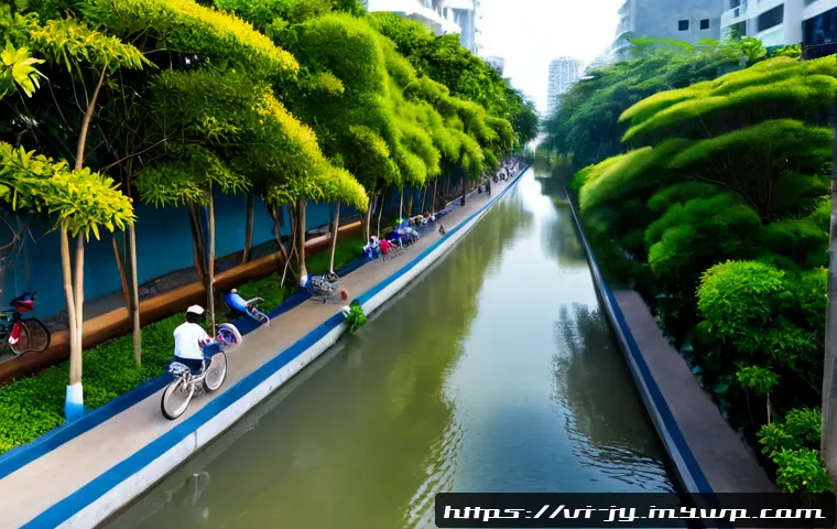 Home 17 도시 생태계 회복을 위한 접근법 - Photorealistic wide view of a restored urban canal in Ho Chi Minh City, Vietnam, lined with native m...
