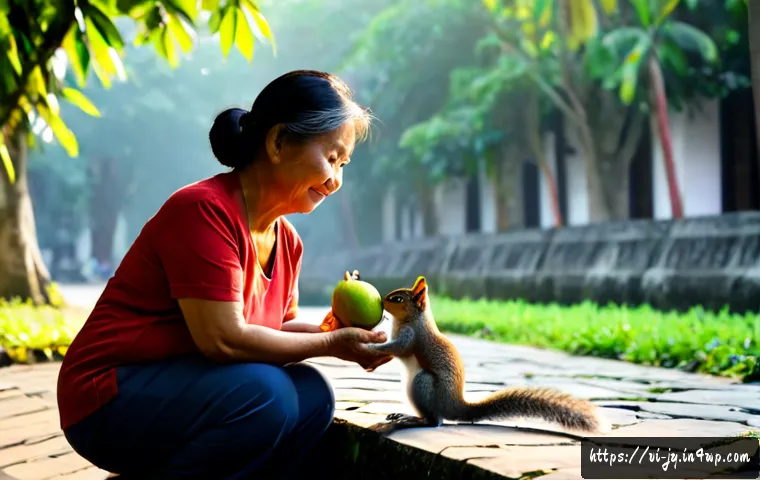 Home 17 도시에서의 야생동물과의 긍정적인 상호작용 - Photorealistic early morning scene in a leafy Hanoi neighborhood park, a Vietnamese grandmother and ...